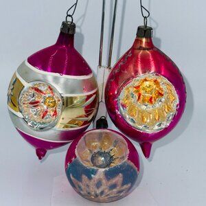 3 VTG Indent Painted Glass Christmas Ornaments Poland Teardrop 2 med 1 small.
